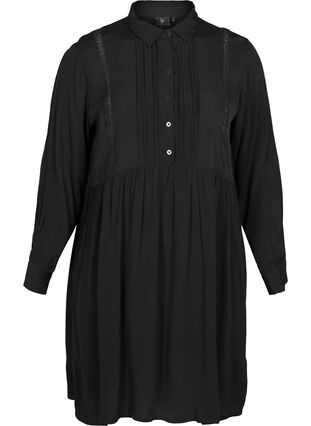Viscose jurk met kanten lint, Black, Packshot image number 0