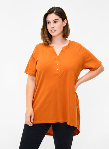 T-shirt en coton avec col en V et boutons, Autumnal, Model image number 0