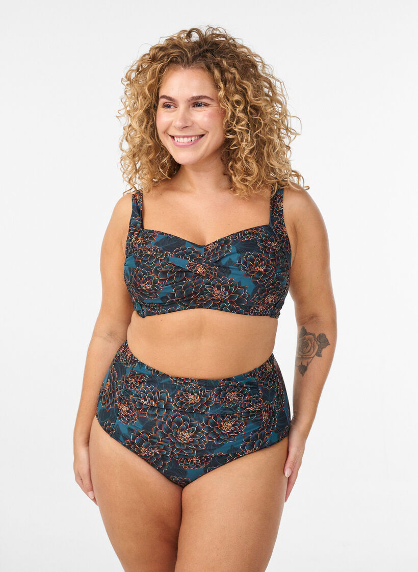 Bikinibroekje met print en hoge taille, Blauw, Model image number 0