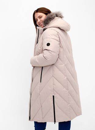 Veste longue d’hiver avec capuche et col en fausse fourrure, Simply Taupe, Model image number 1
