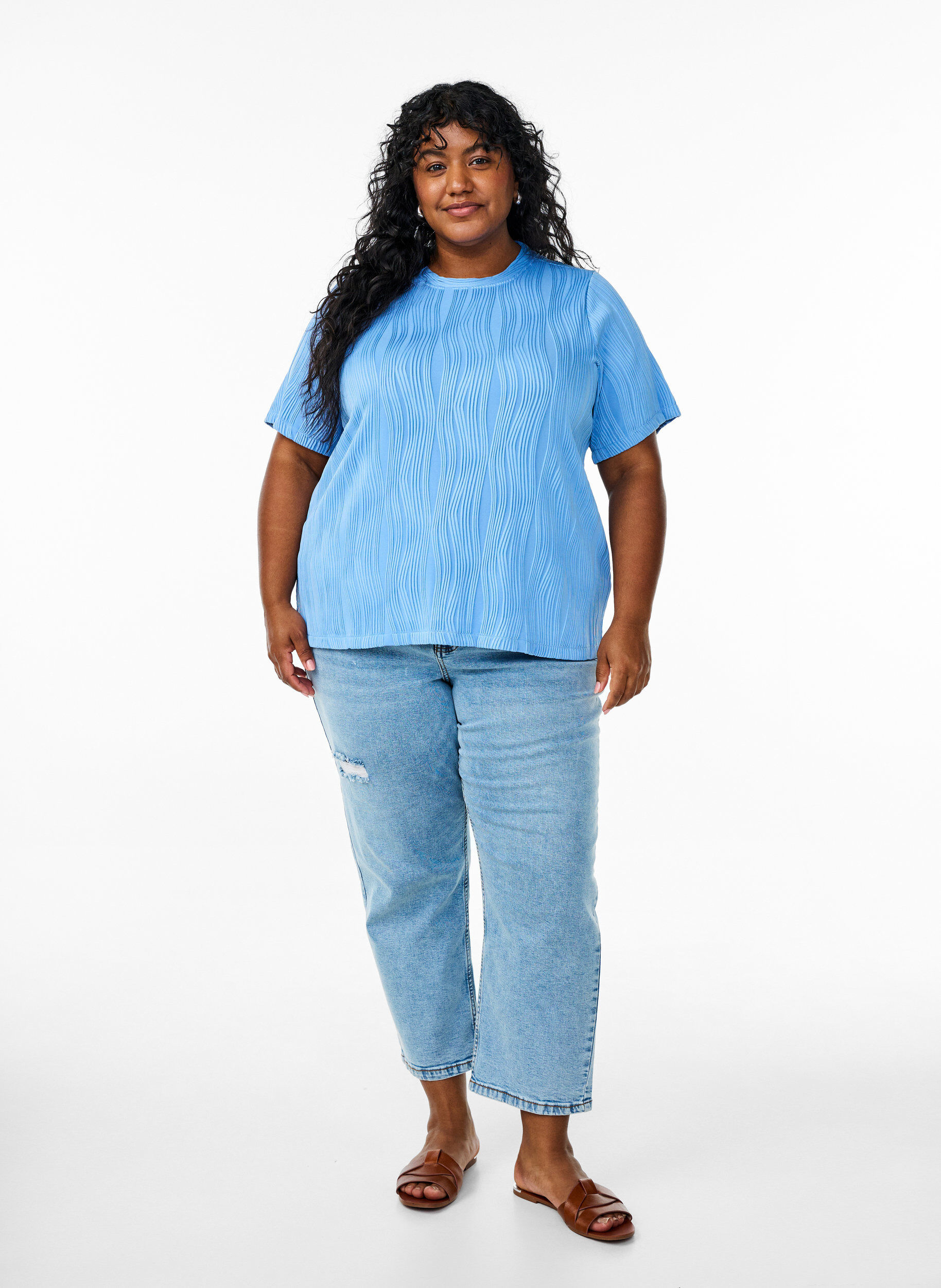 ZizziBlouse met korte mouwen en een golvende textuur, Blauw, Model image number 1