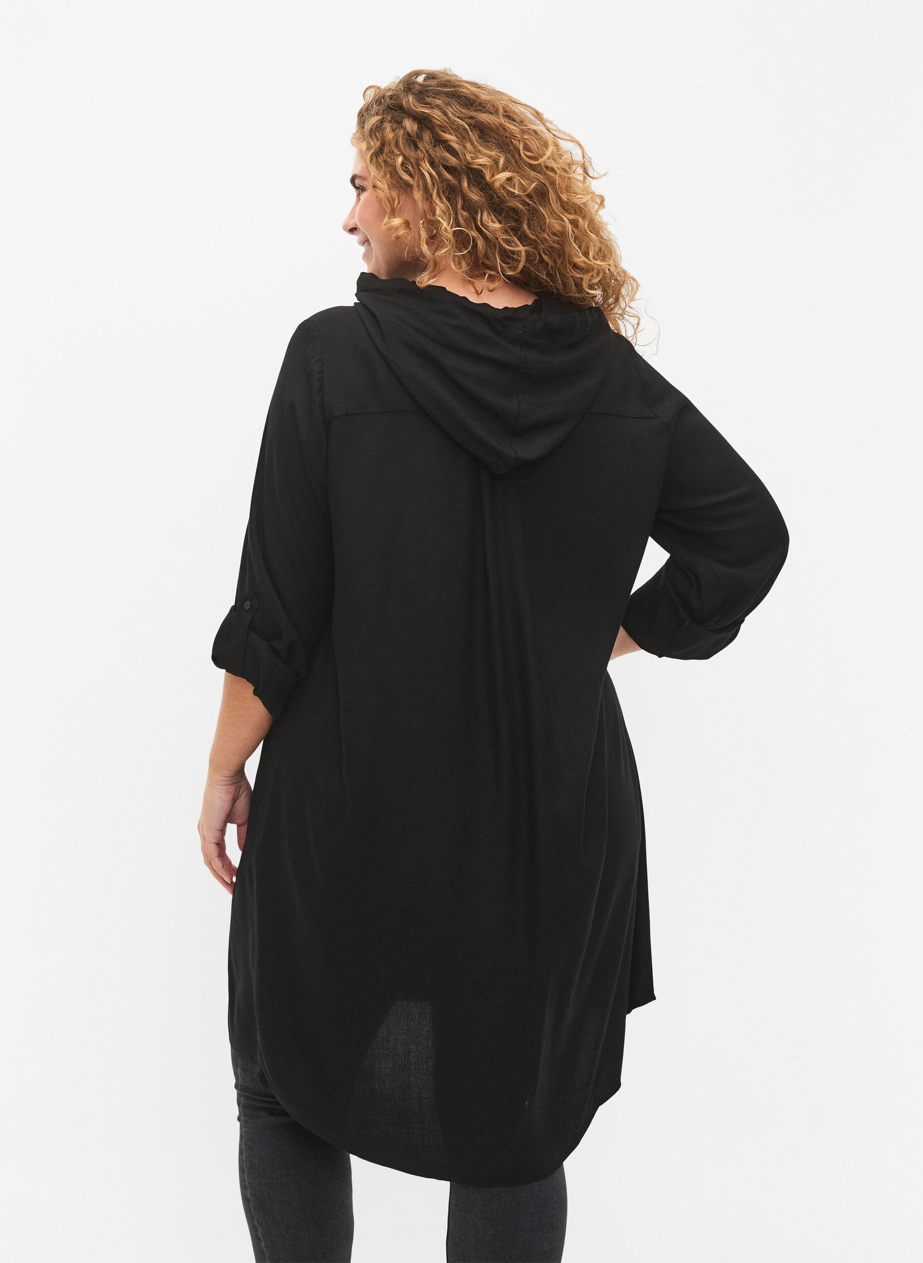 ZizziOverhemdjurk van viscose met capuchon en 3/4 mouwen, Black, Model image number 1