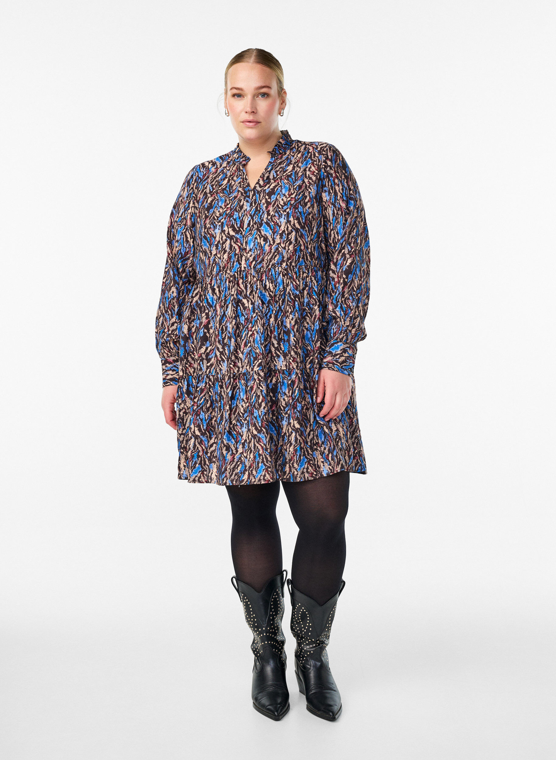 ZizziA-lijn jurk met rucheskraag, Blauw, Model image number 1