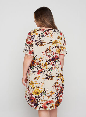 Viscose midi-jurk met bloemenprint , Beige Flower AOP, Model image number 1
