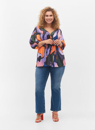 Bedrukte blouse met wikkel-look en 3/4 mouwen, Big Scale Print, Model image number 2