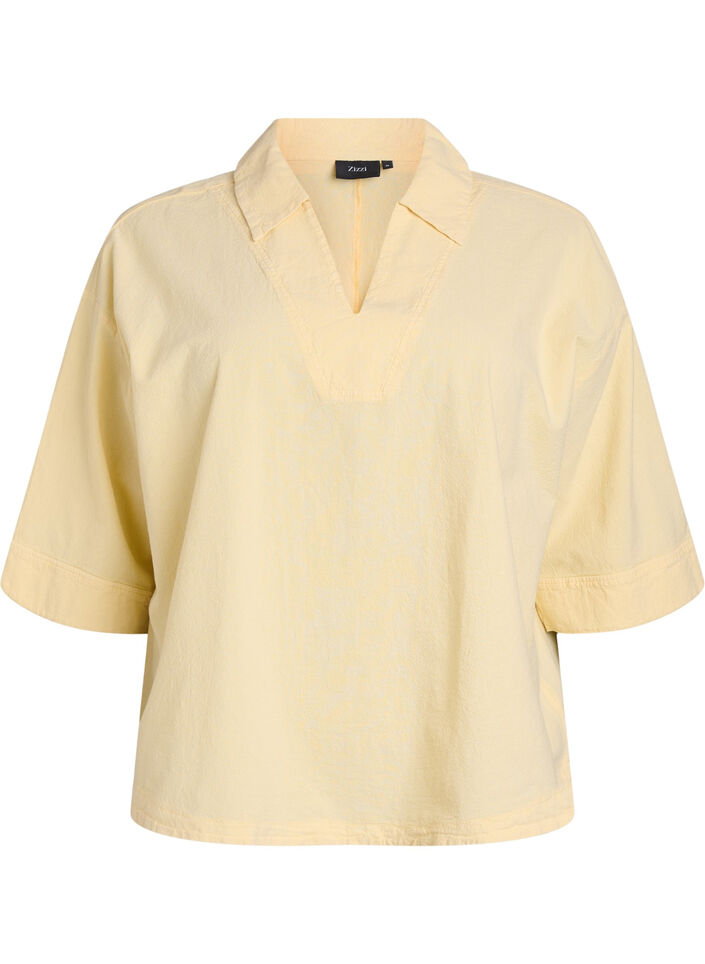 Blouse ample avec col et manches 1/2, Jaune clair, Packshot image number 0