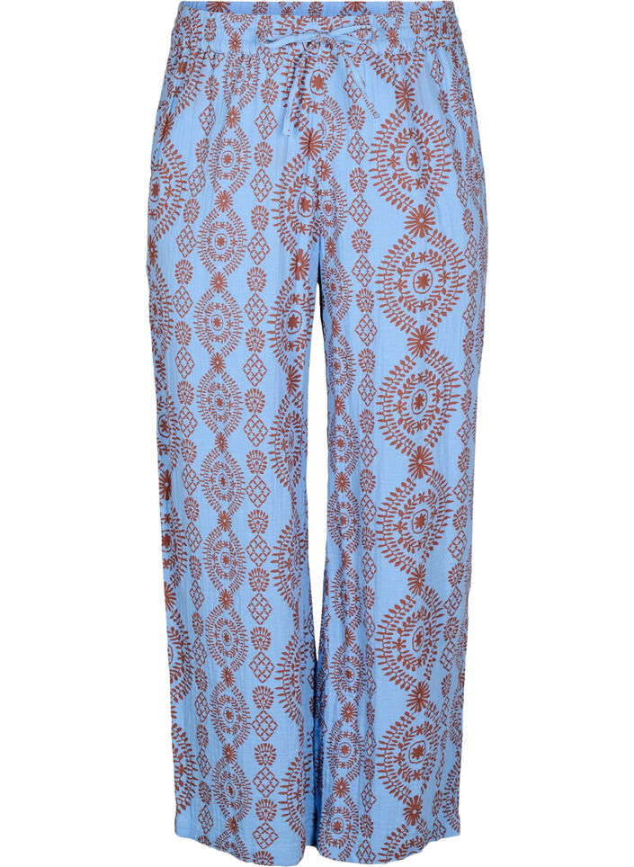 Pantalon ample en mousseline de coton &agrave; motif, Bleu Clair, Packshot image number 0