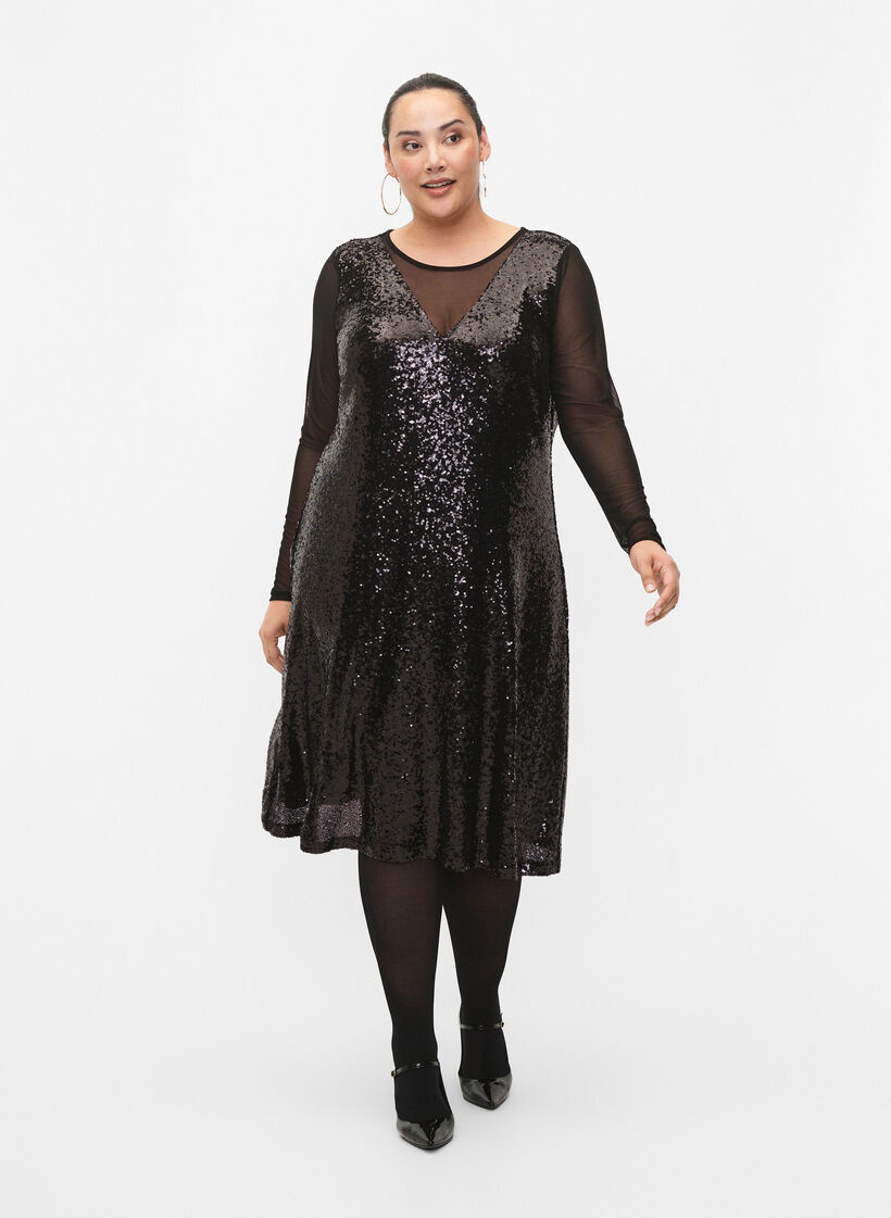 Robe à paillettes à manches longues, Black, Model image number 3