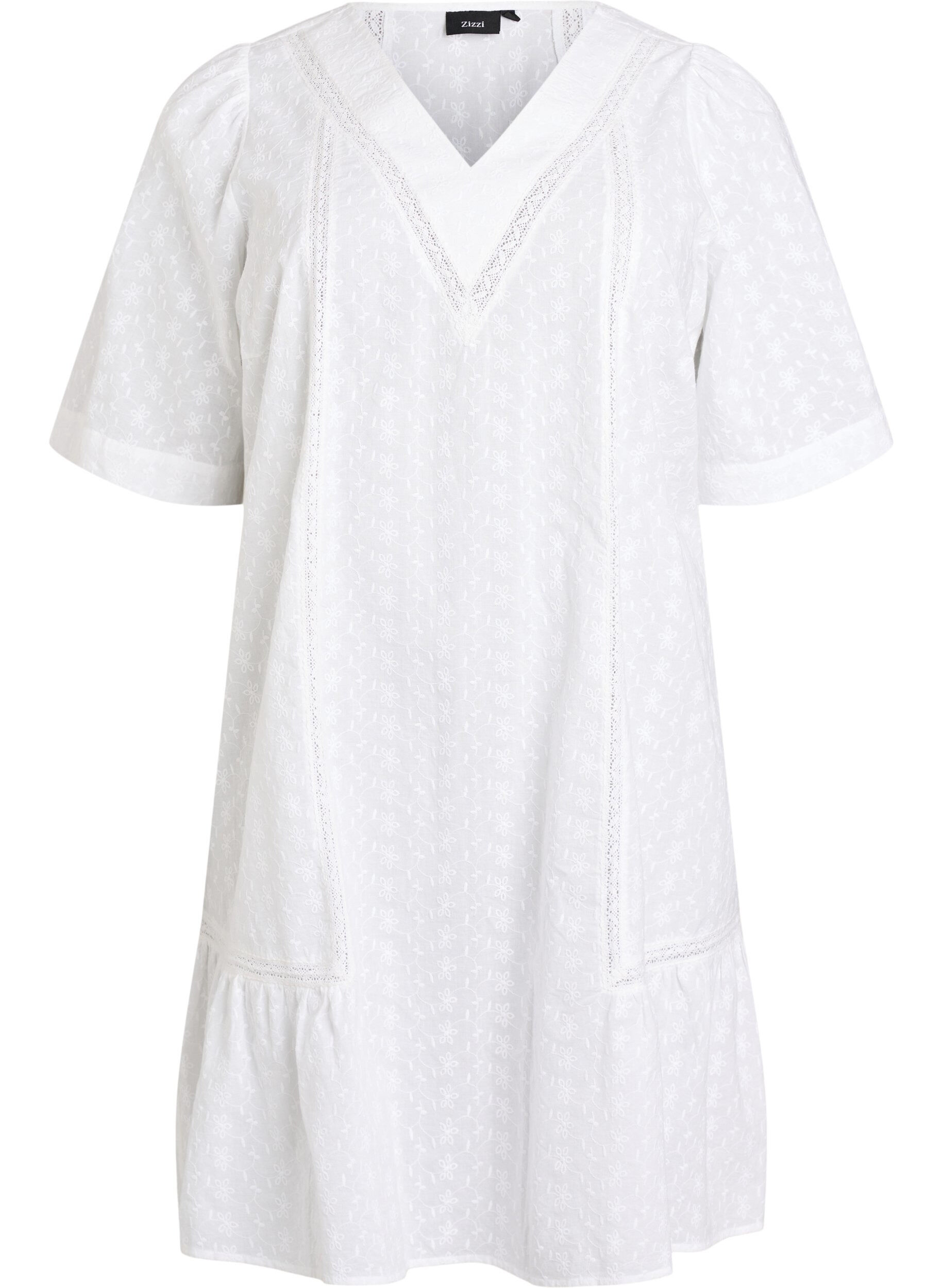 Zizzi Robe mi-longue en coton avec broderie et col en V, Blanc, Packshot image number 0