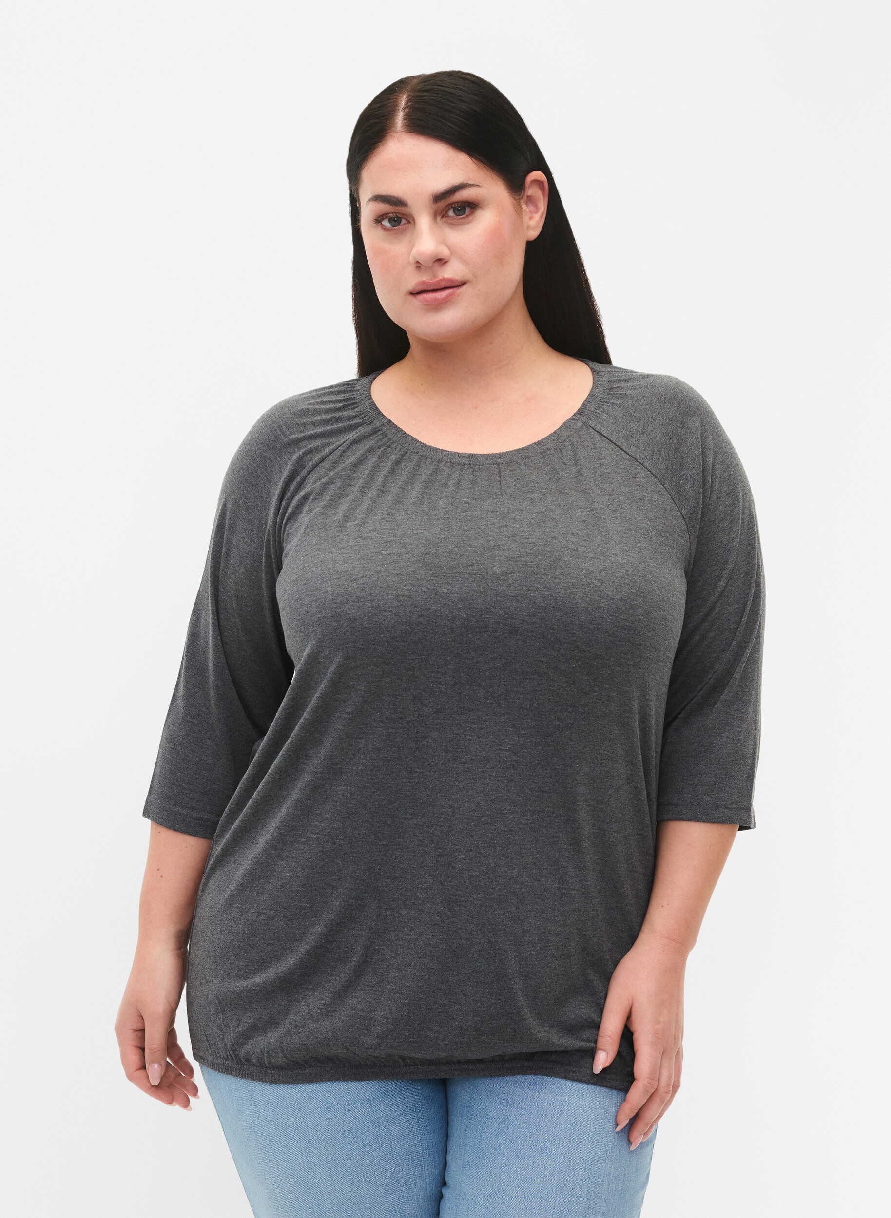 ZizziGestreepte blouse met 3/4 mouwen, Dark Grey Melange, Model image number 0