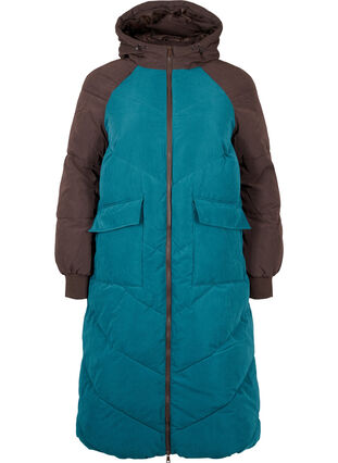 Veste d'hiver longue à capuche avec blocs de couleurs, Deep Teal Comb, Packshot image number 0