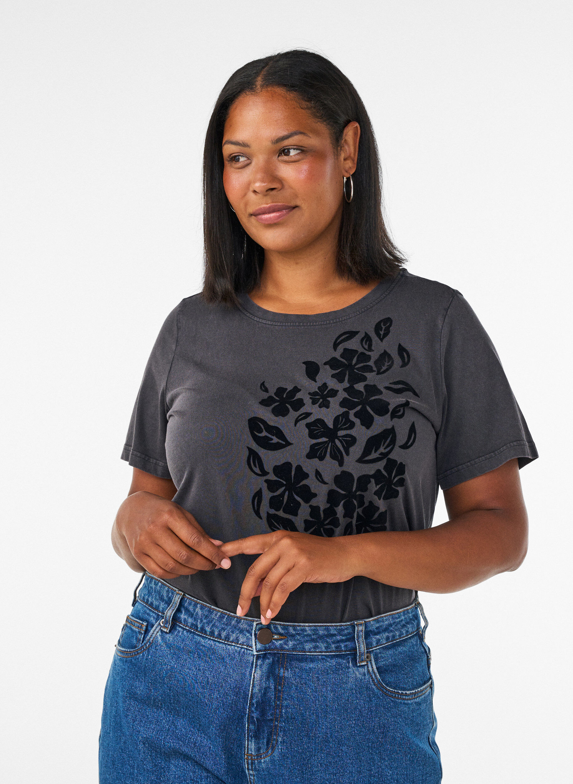 ZizziT-shirt en coton bio avec imprim&eacute;, Gris anthracite, Model image number 0