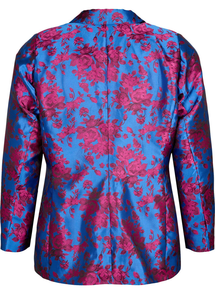 Blazer met bloemmotief en parelknoop, Blue Quartz Jaquard, Packshot image number 1