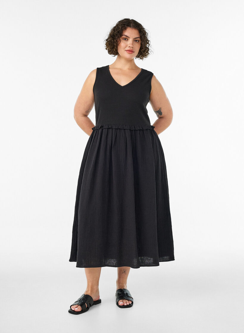Mouwloze katoenen midi-jurk met rib en mousseline, Zwart, Model image number 0