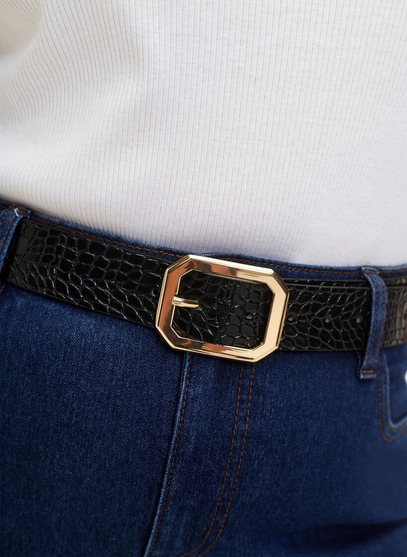 Ceinture en faux cuir avec motif croco, Black w. Gold Buckle, Model image number 1