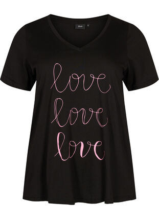 T-shirt en coton avec col en V et imprimé, Black W. Love, Packshot image number 0