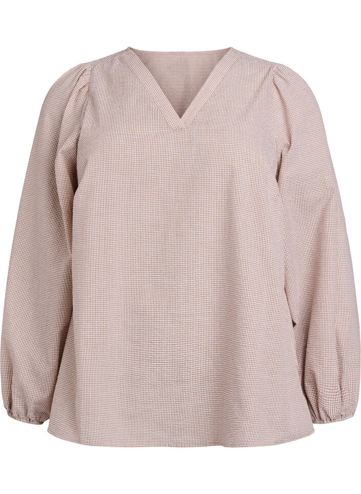 Blouse met V-hals en kleine ruitjes, Beige, Packshot image number 0