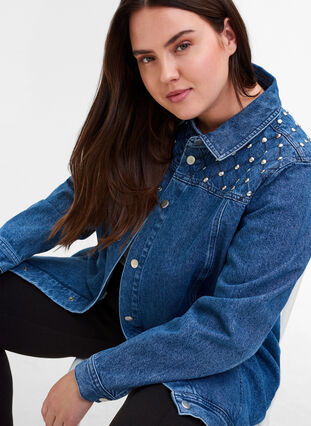 Veste en jean en coton avec rivets, Blue denim ASS, Model image number 2