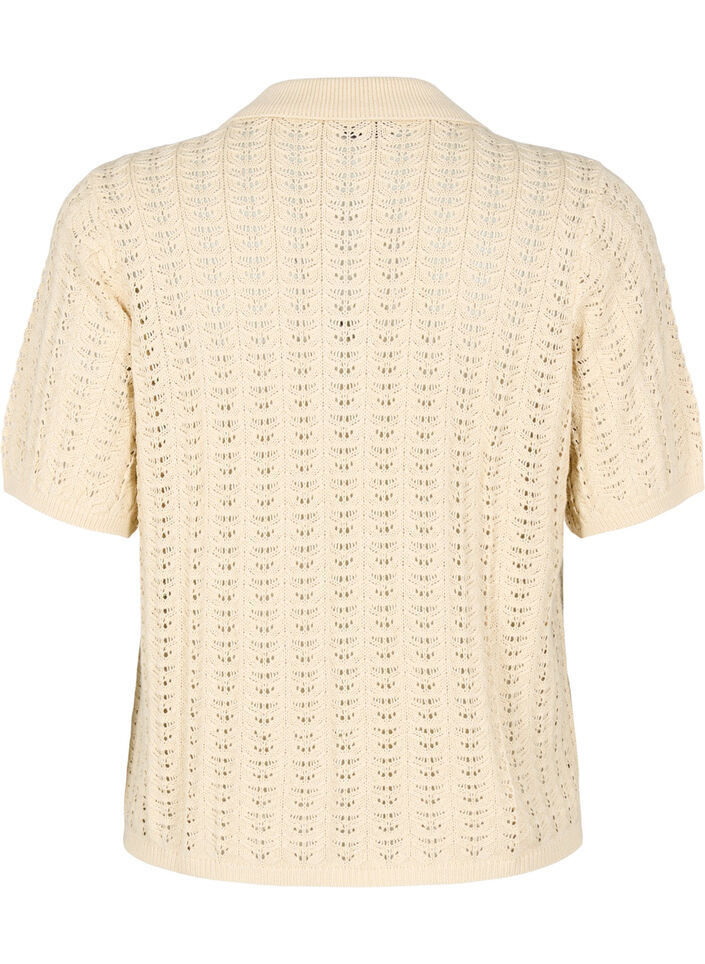 Gebreid poloshirt met oogjespatroon, Beige, Packshot image number 1