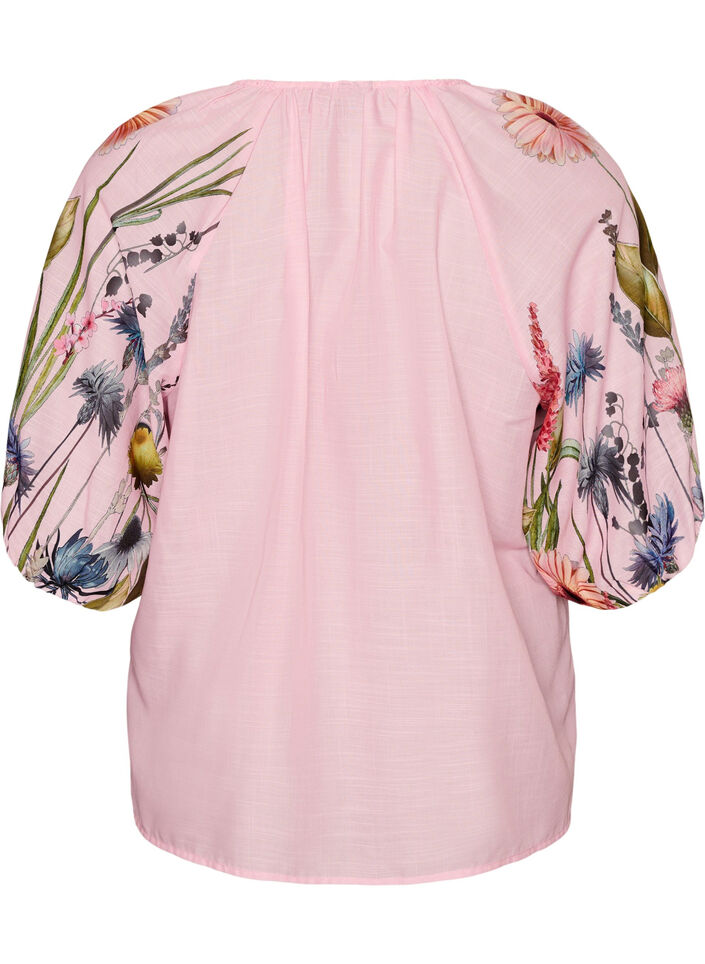 Blouse avec lien &agrave; nouer et manches &agrave; imprim&eacute; fleuri, Rose, Packshot