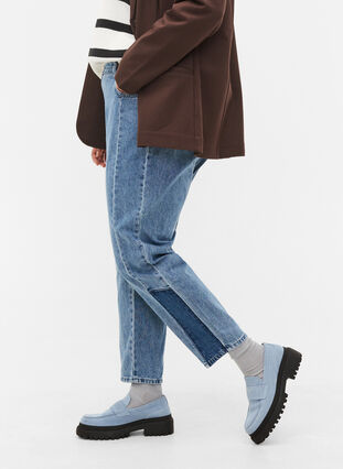 Jeans Mille coupe maman avec patch de couleurs, Blue denim, Model image number 2