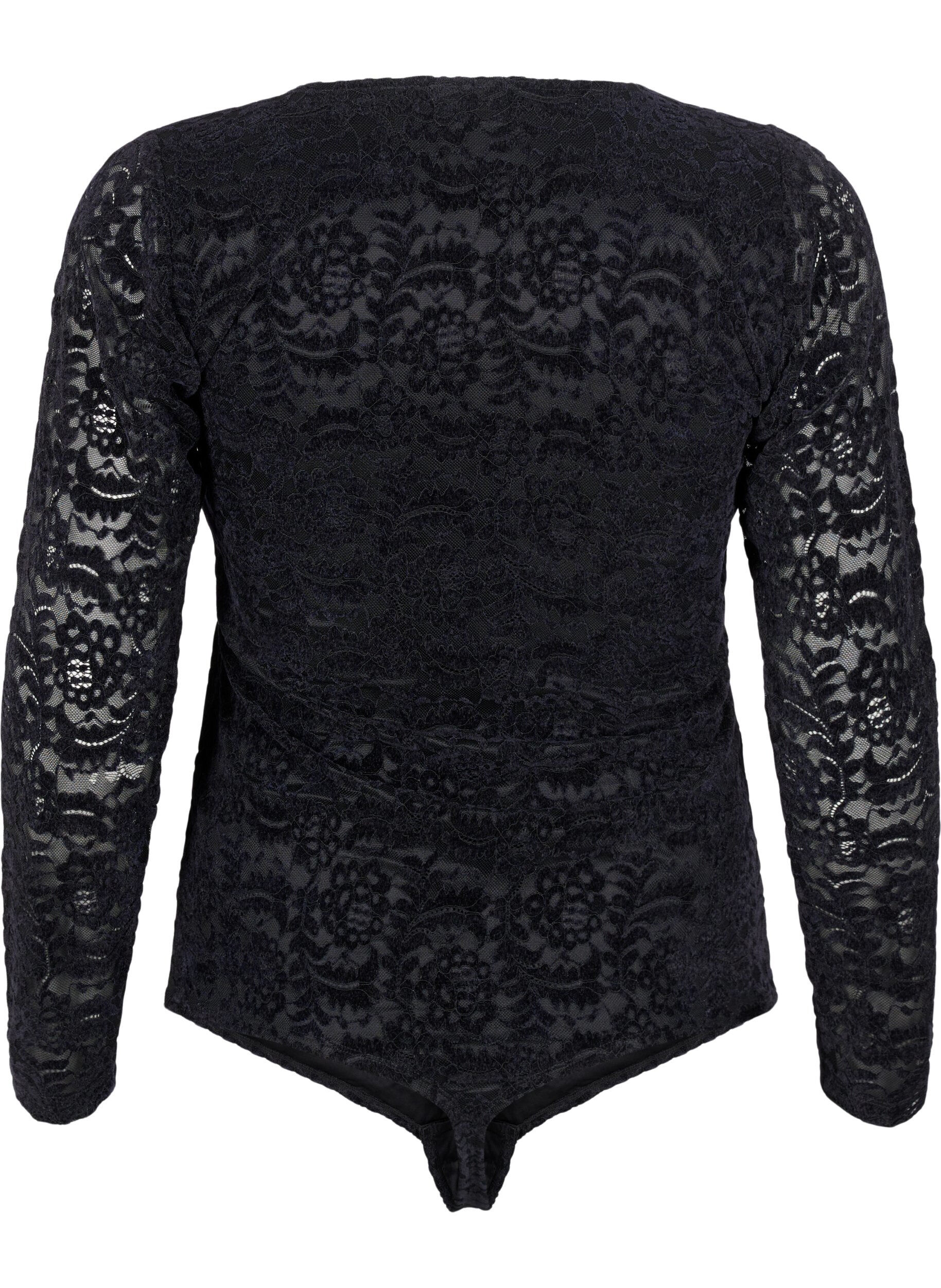 ZizziKanten bodystocking met lange mouwen, Black, Packshot image number 1