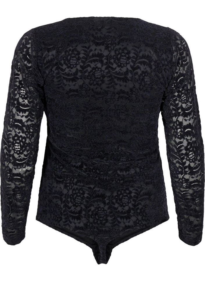 Kanten bodystocking met lange mouwen, Black, Packshot image number 1