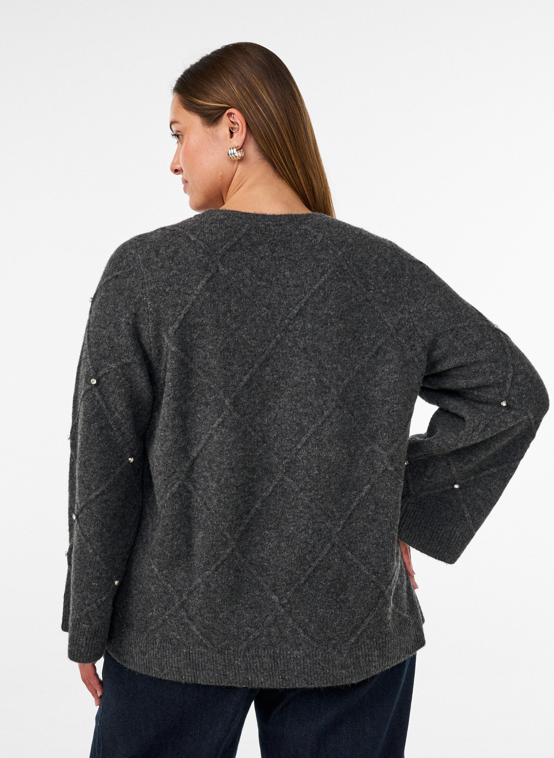 ZizziGebreide blouse met strassteentjes en ruitpatroon, Grijs, Model image number 2
