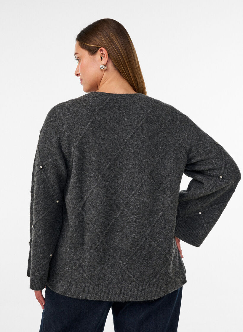 Gebreide blouse met strassteentjes en ruitpatroon, Grijs, Model image number 2