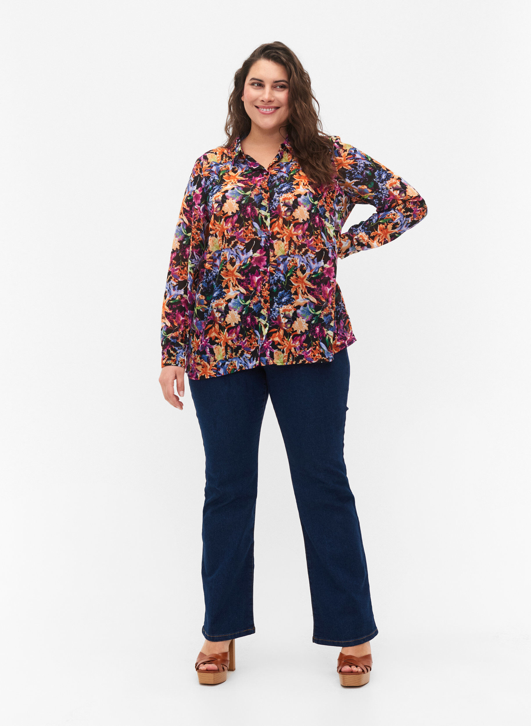 ZizziFLASH - Shirt met lange mouwen en bloemenprint, Orange Pink Flower , Model image number 2