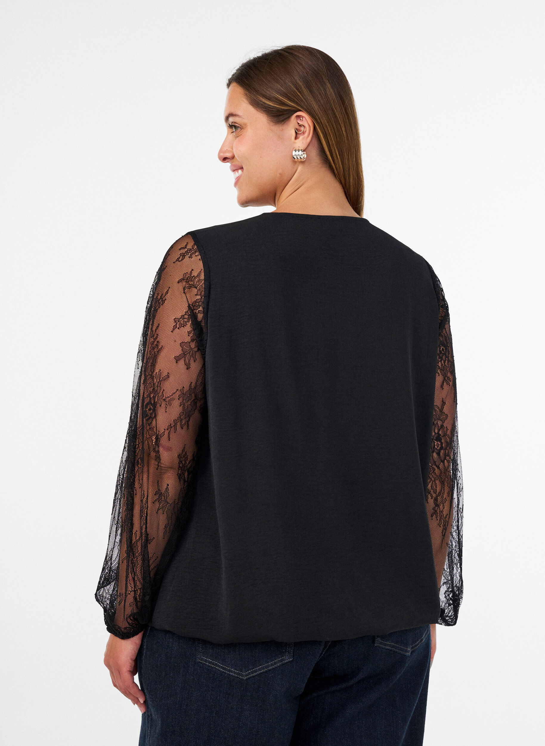 ZizziBlouse met kanten mouwen en ballonvorm, Zwart, Model image number 2
