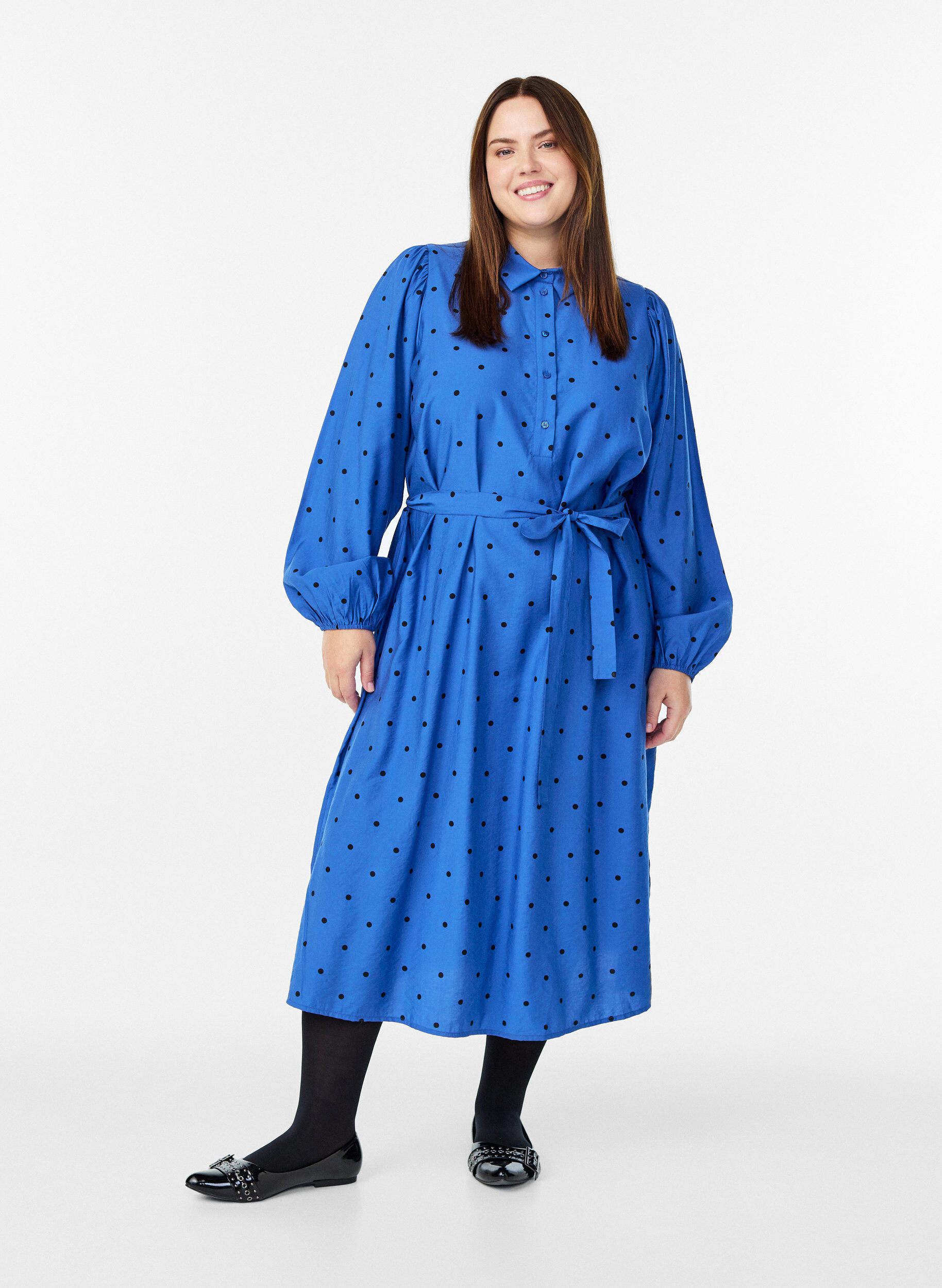 Robe midi &agrave; pois avec ceinture &agrave; nouer amovible, Bleu, Model