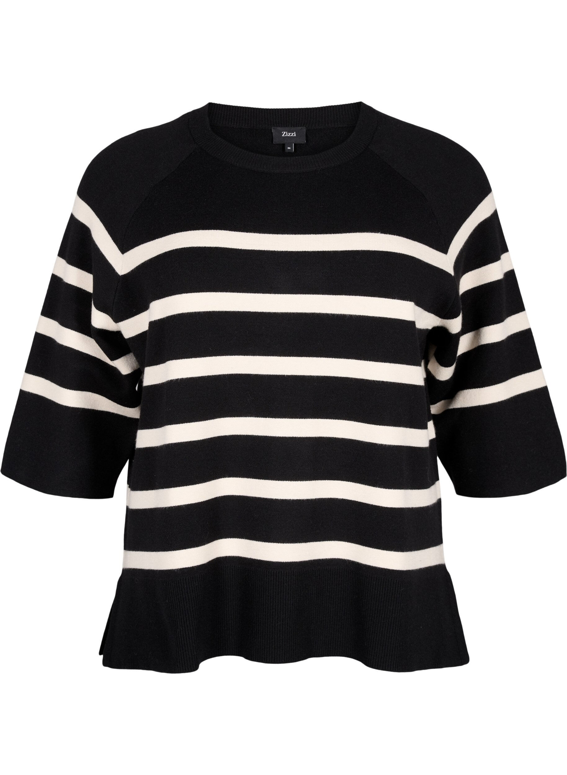 Zizzi Chemisier ray&eacute; en tricot &agrave; manches 3/4, Black Birch Stripes, Packshot image number 0