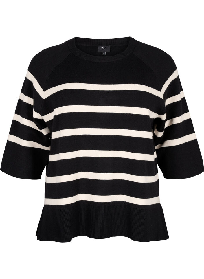 Chemisier rayé en tricot à manches 3/4, Black Birch Stripes, Packshot image number 0