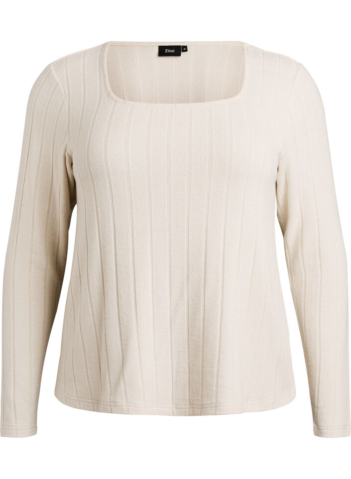 Jerseyblouse met vierkante hals en geribde textuur, Beige, Packshot image number 0