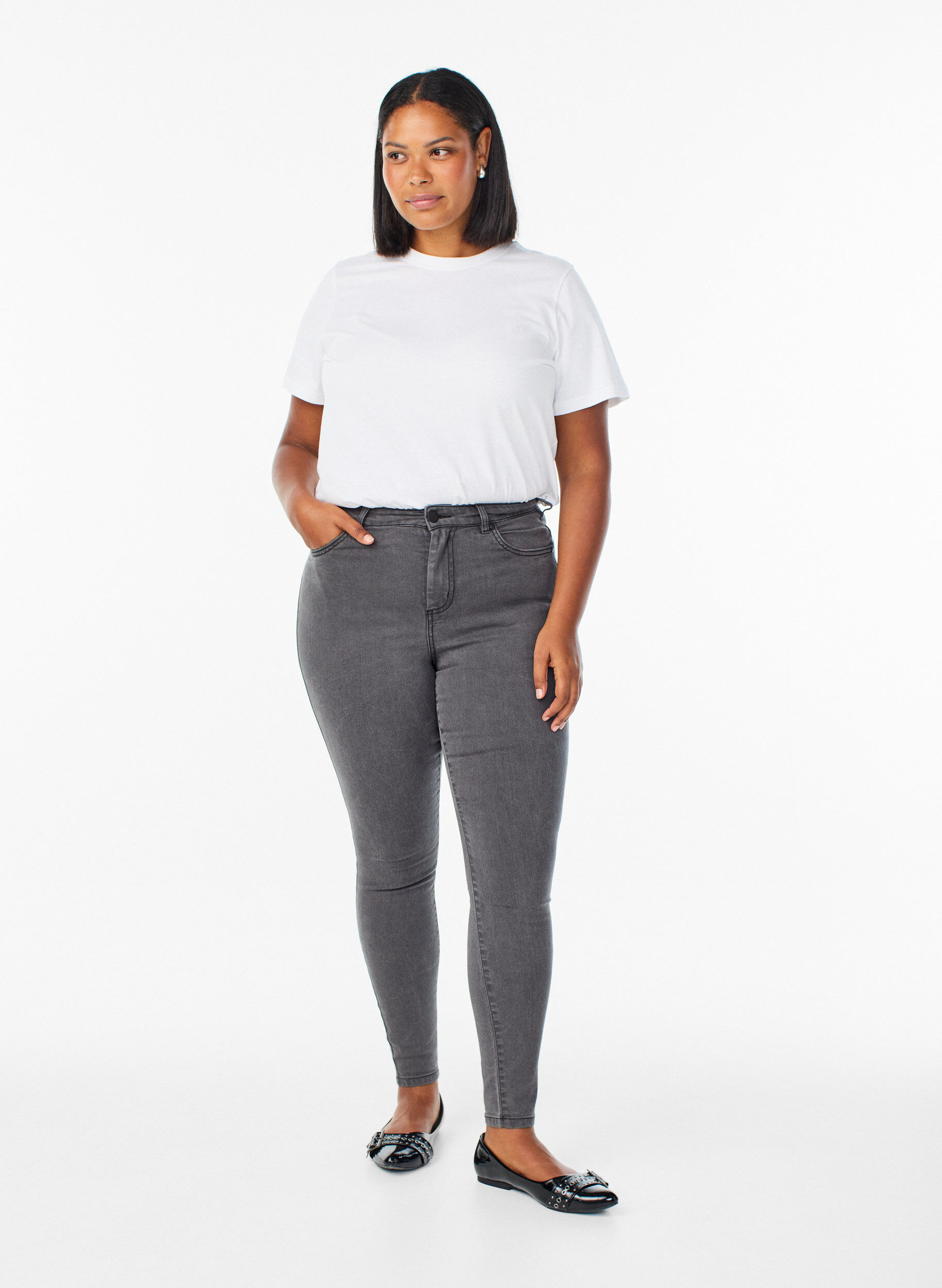 Jean Amy taille haute coupe super slim, Gris, Model