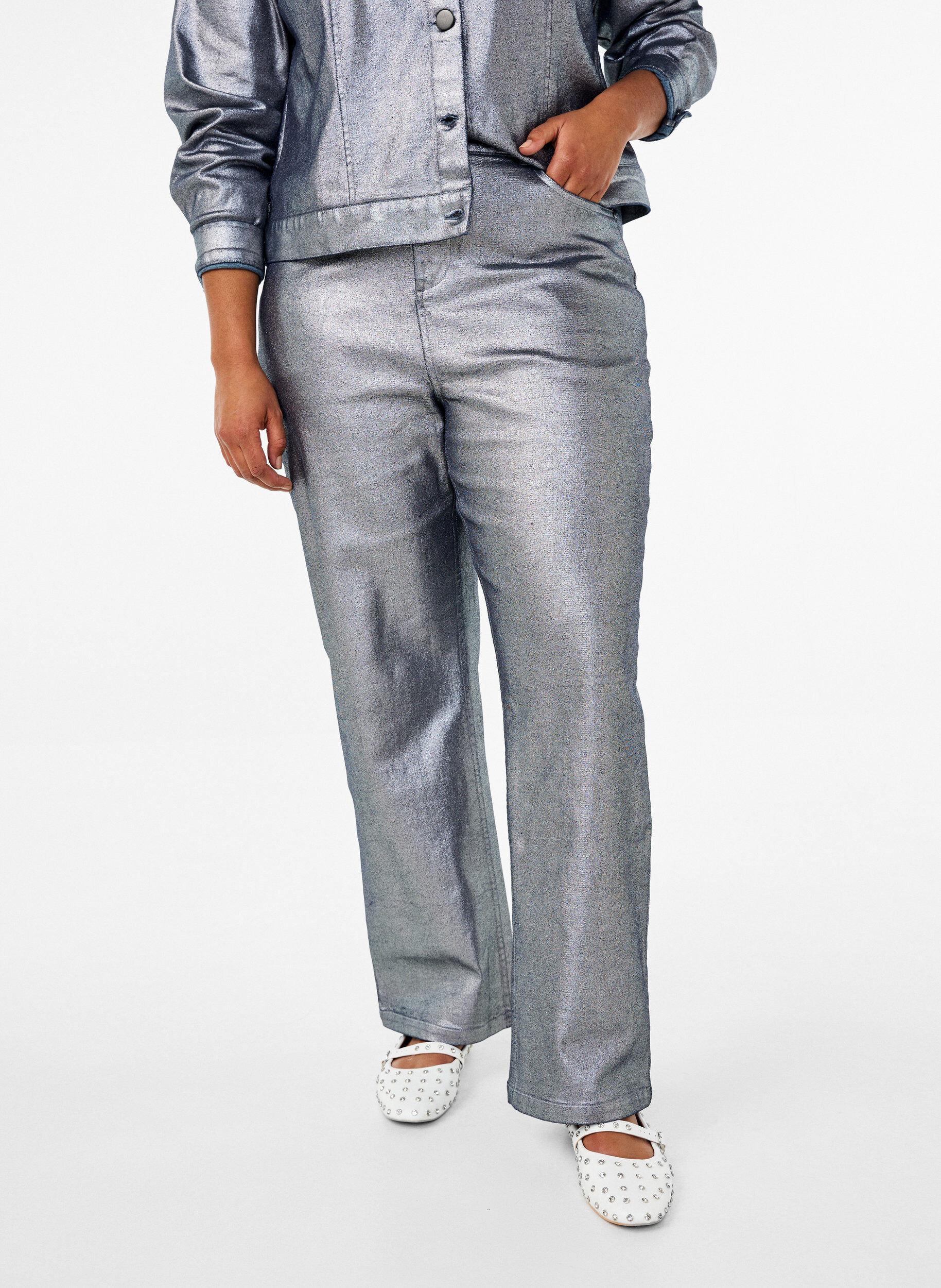 ZizziZilverkleurige jeans met hoge taille, Gun Silver , Model image number 2