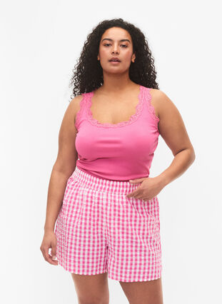 Short pyjama en coton à carreaux, Pink Check, Model image number 0
