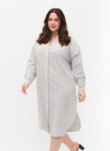 Robe chemise en coton rayé, White Stripe, Model image number 0