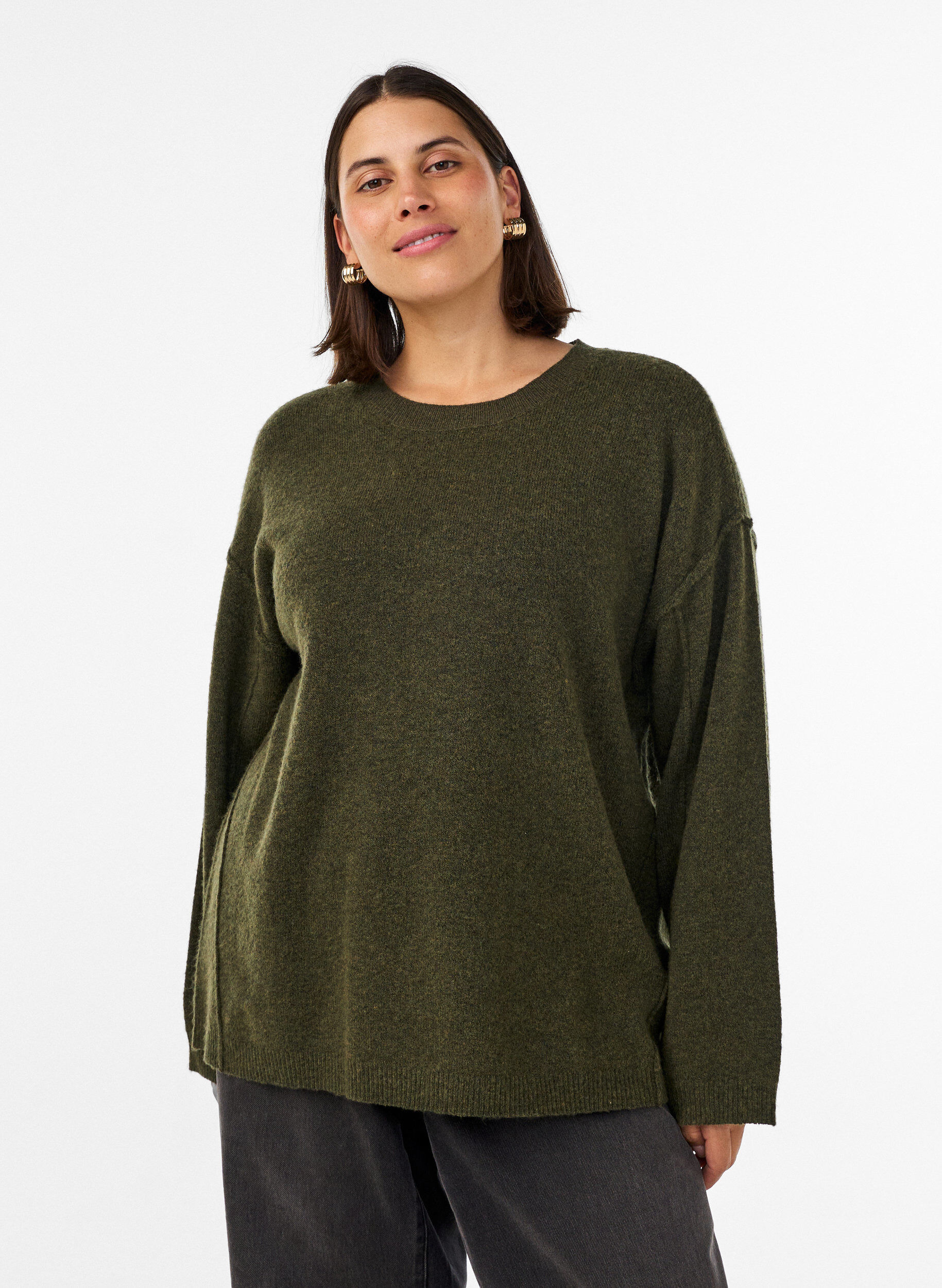 Pull ample en maille avec coutures apparentes, Vert fonc&eacute;, Model