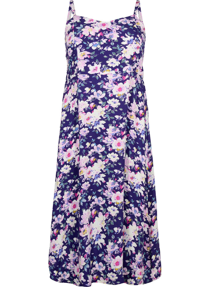 Gebloemde viscose strappy jurk met smock, Blue Flower, Packshot image number 0