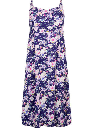 Gebloemde viscose strappy jurk met smock, Blue Flower, Packshot image number 0