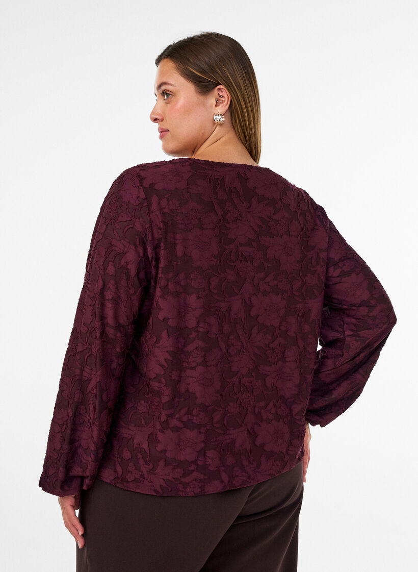 Blouse transparente avec texture florale et manches longues, Bordeaux, Model image number 2