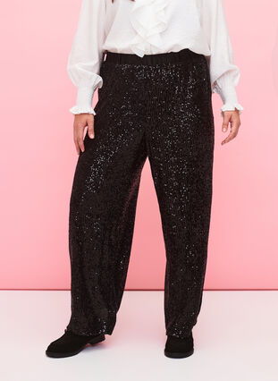 Pantalon à paillettes à taille élastique, Black, Model image number 2