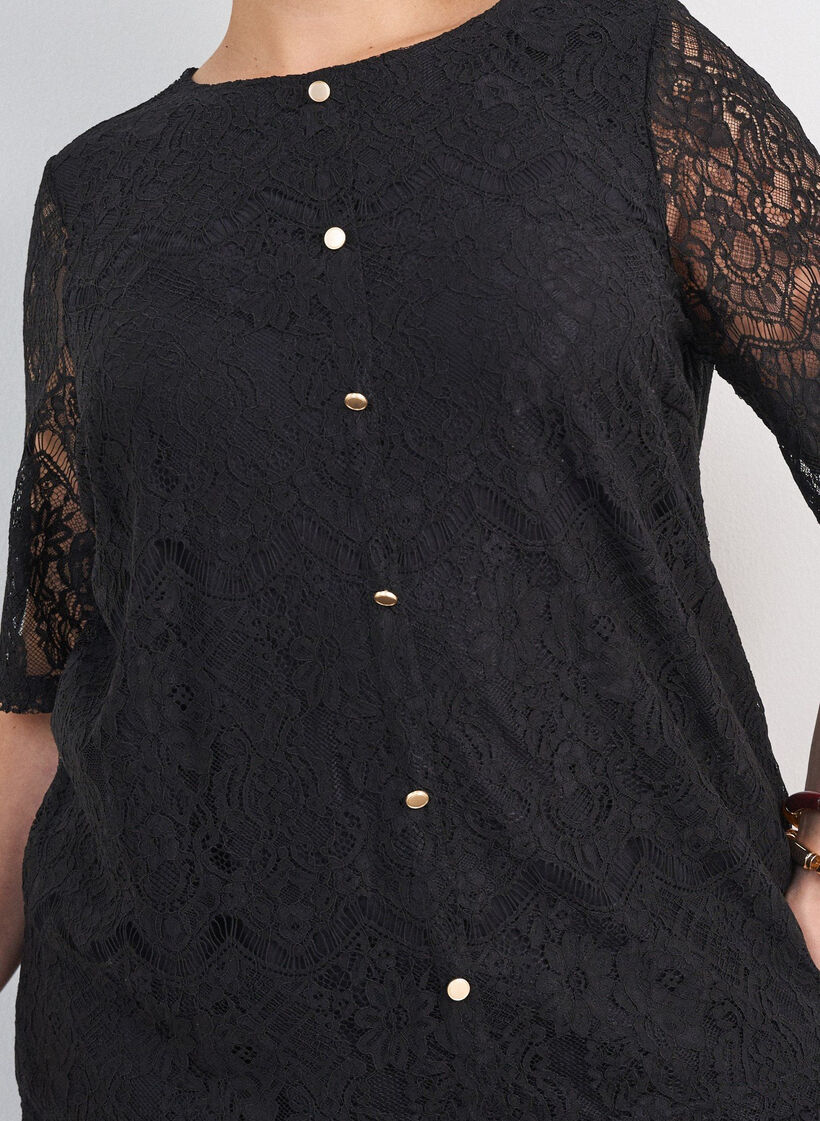 Kanten blouse met decoratieve knopen, Zwart, Model image number 3