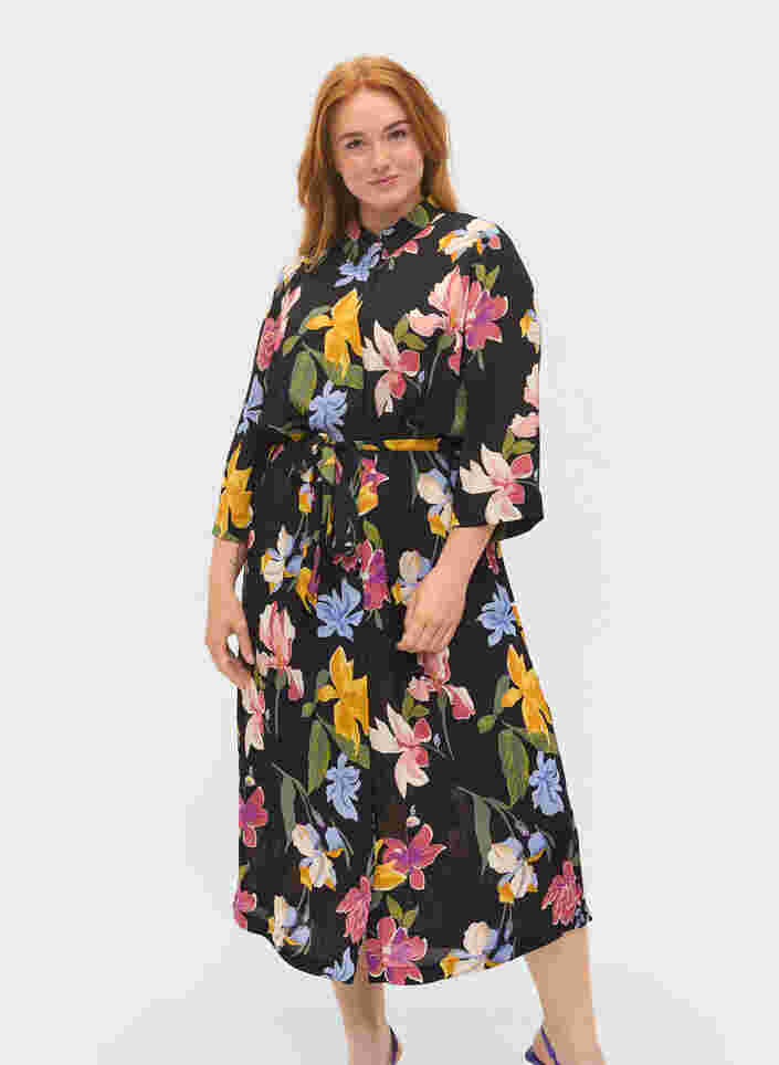 Midi-jurk met 3/4 mouwen en print, Big Flower AOP, Model