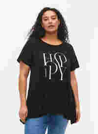 T-shirt en coton avec imprimé de texte, Black HAPPY, Model