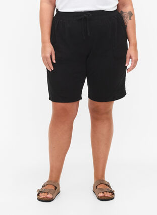 Short en coton ample avec poches, Black, Model image number 3