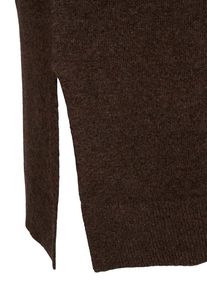 Gebreide jurk met lange mouwen en V-hals, Bruin, Packshot image number 3
