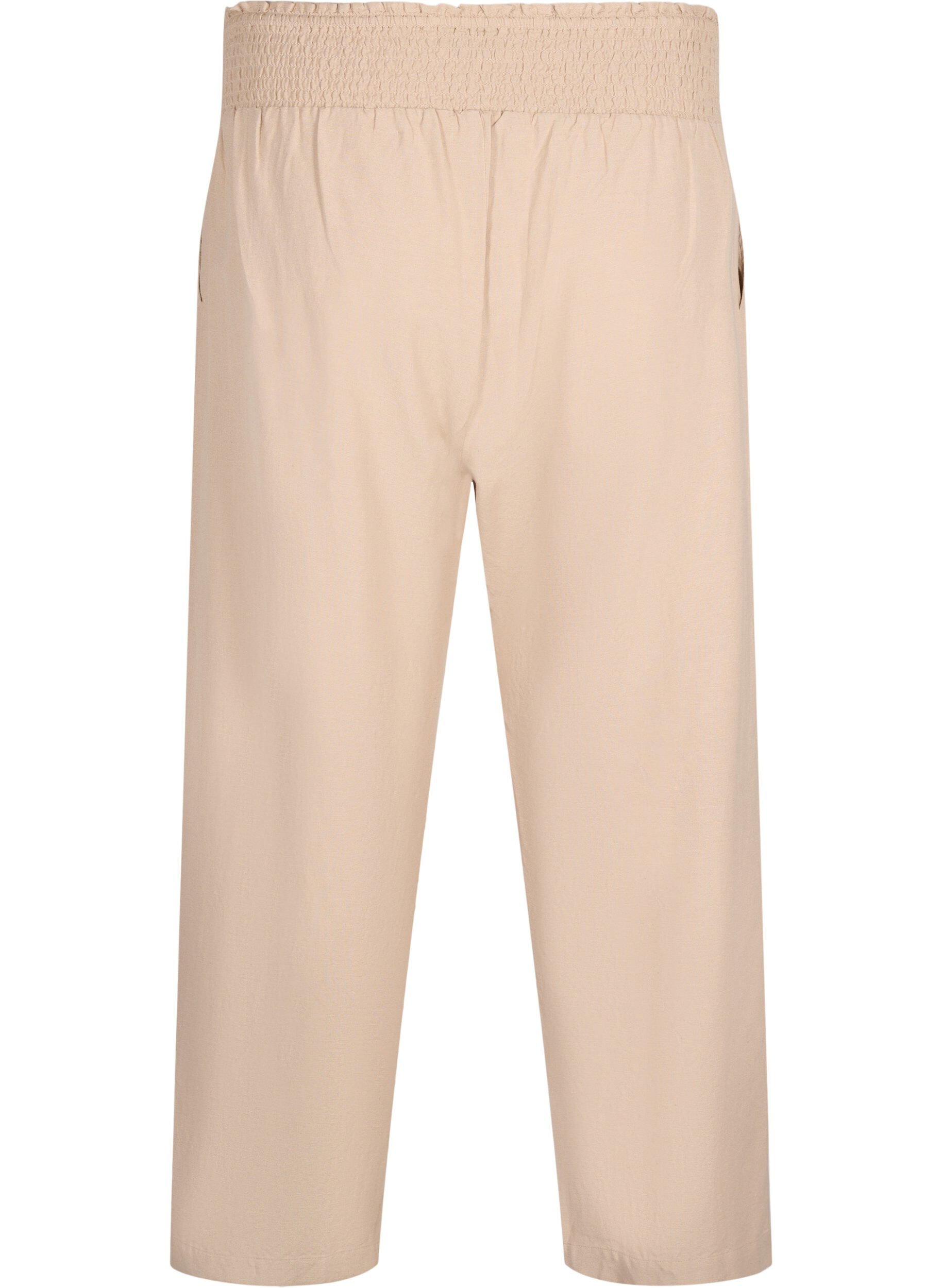 Zizzi Pantalon &agrave; smocks en lin, Beige, Packshot image number 1